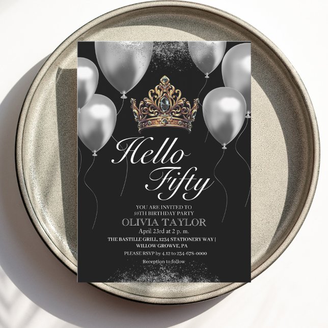  Black Balloons Crown 50th Birtgday Invitation (Creator Uploaded)