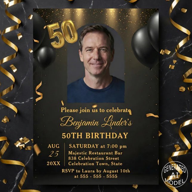 Black Balloons & Gold Confetti Photo 50th Birthday Invitation (Creator Uploaded)