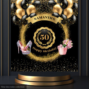 Black Balloons Gold Glitter 50th Birthday Party Tapestry