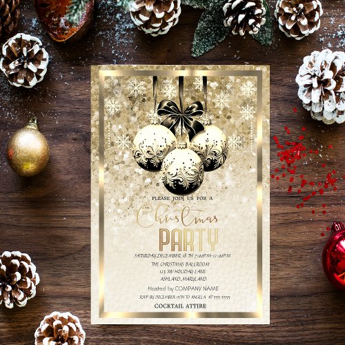 Black Balls Snowflakes Gold Company Christmas  Invitation