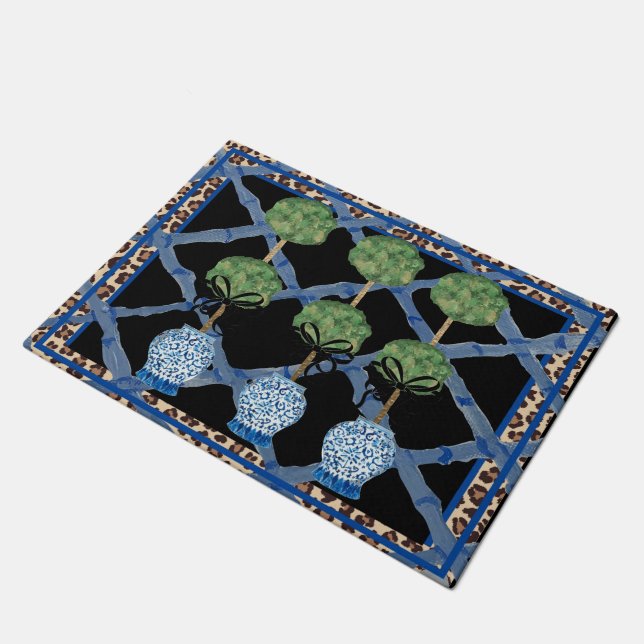 Black Bamboo Chinoiserie Ginger Jar Doormat Rug  (Angled)