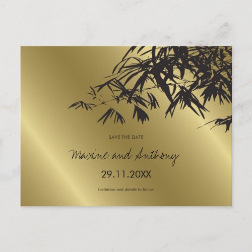 Black Bamboo Leaves On Gold Asian Save The Date Announcement Postcard