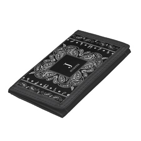 Black Bandana Print Custom Name Trifold Wallet