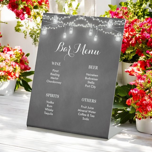 Black Bar Menu White String Lights Wedding  Pedestal Sign (Creator Uploaded)