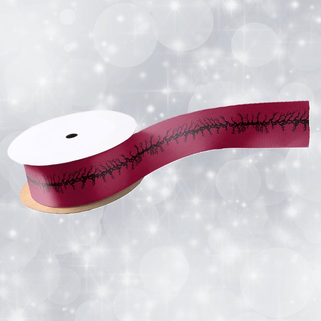 Black Barbed Branches on Blood Red Halloween Satin Ribbon (Gothic Halloween black spooky barbed branches on blood red gift wrap or craft ribbon.)