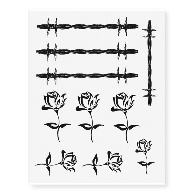 Black Barbed Wire & Black Roses Designs Temporary Tattoos (Front)