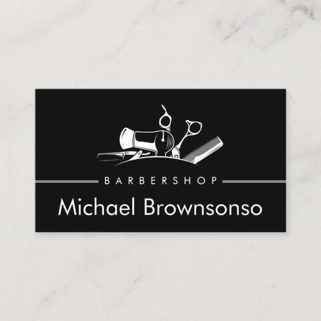 Black Barber Shop Tools Haircut Salon Logo Design Business Card
