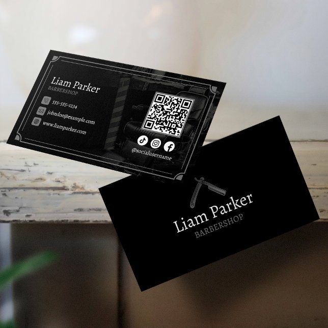 Black Barbershop Chair Social media QR Code Business Card (Creator Uploaded)