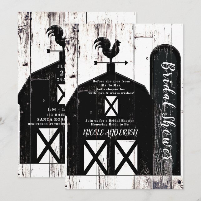 Black Barn White Wood Rustic Country Bridal Shower Invitation (Front/Back)