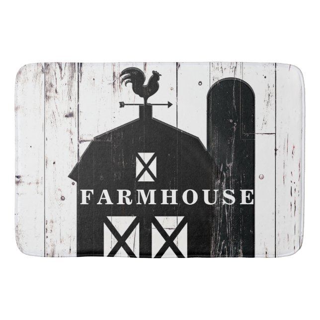 Black Barn White Wood Rustic Country Farmhouse Bath Mat (Front)