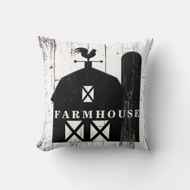 Black Barn White Wood Rustic Farmhouse Wall Art Throw Pillow (Front)
