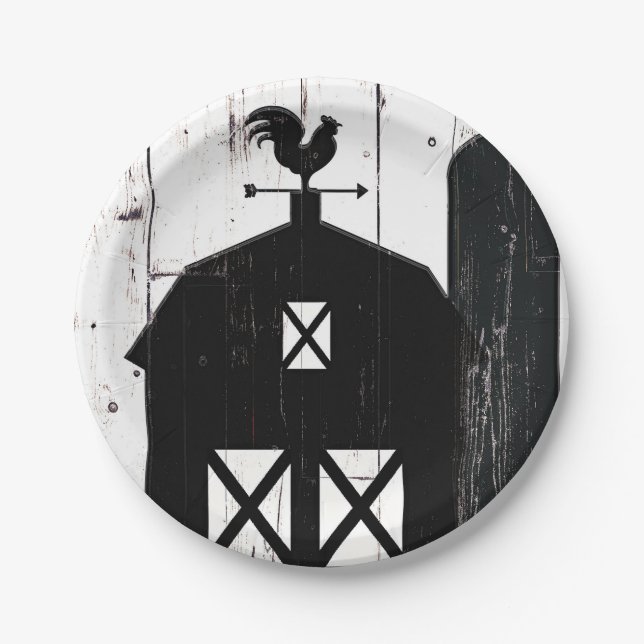 Black Barn White Wood Rustic Farmhouse Wedding Paper Plates (Front)