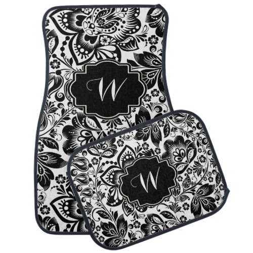 Black baroque floral damasks pattern car mat