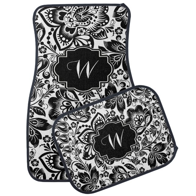 Black baroque floral damasks pattern car mat (Set)