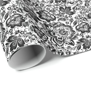 Black Baroque Flowers Pattern Wrapping Paper