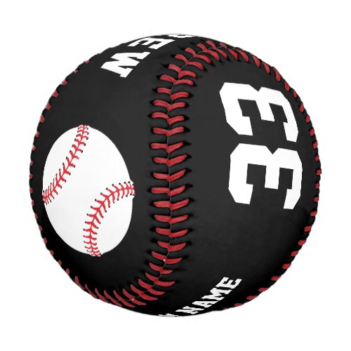 Black Baseball Ball with Name Team Number - This custom and personalized baseball with name, team name and number is perfect gift for baseball players, teammates, coaches, your friends and family. You can make your own unique baseball - personalize it with your name, team  name and your number  In black and white. Great as a keepsake to remember your favorite sport. 