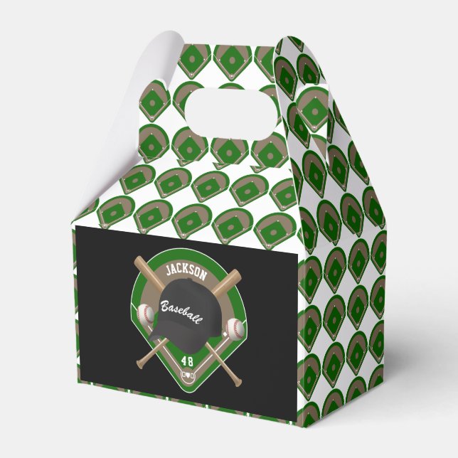 Black Baseball Diamond Player Name and Number Favor Boxes (Front Side)