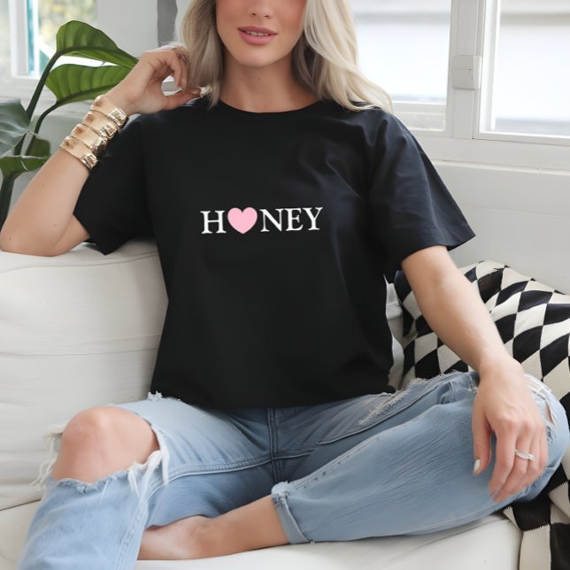 Black Basic Heart Honey Print T-Shirt (Black Basic Heart Honey Print T-Shirt)