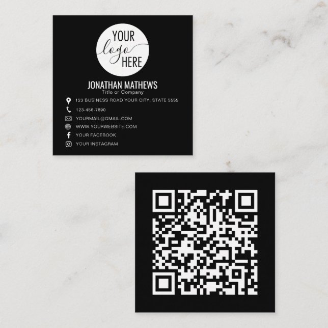 Black Basic Professional Company Logo QR Code Square Business Card (Front/Back)
