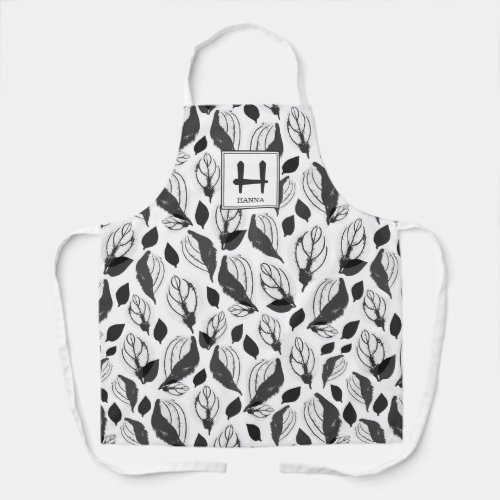 Black Basil Herb Leaf Pattern Botanical Monogram Apron - Black & White Basil Herb Leaf Pattern Botanical Name and Monogram Apron. Basil leaves in a pattern. Add your name and monogram.