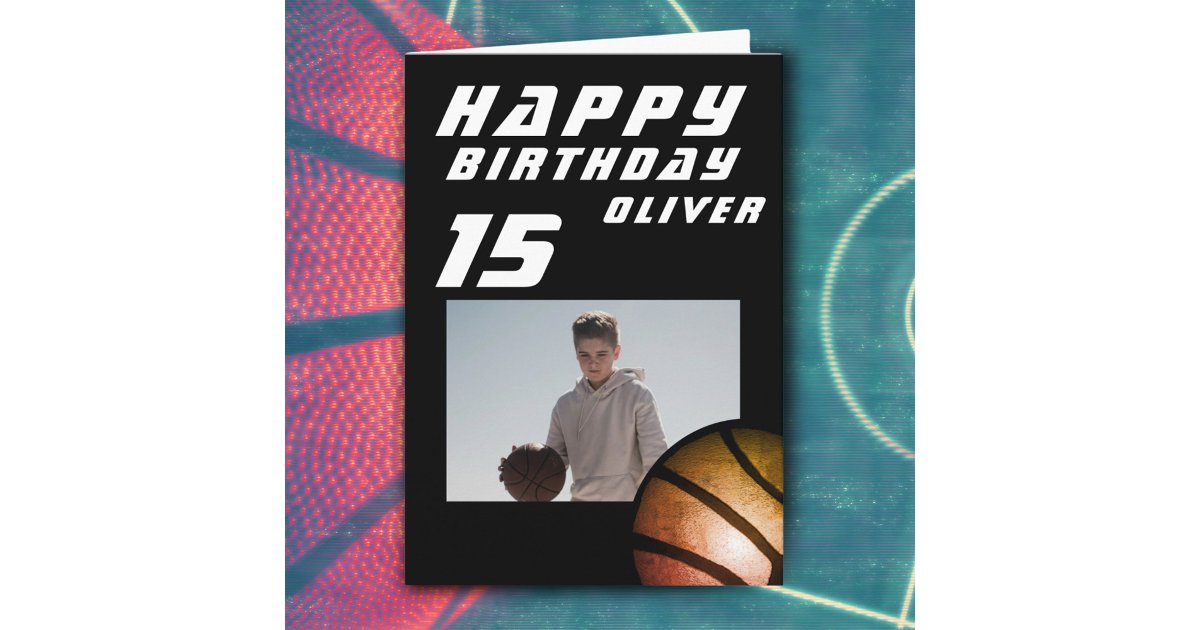 Black Basketball Ball Boy Photo Happy Birthday Card | Zazzle