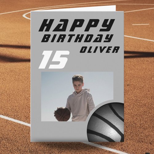 Black Basketball Ball Boy Photo Happy Birthday Card