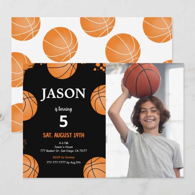 Black Basketball Photo Invitation (Front/Back)