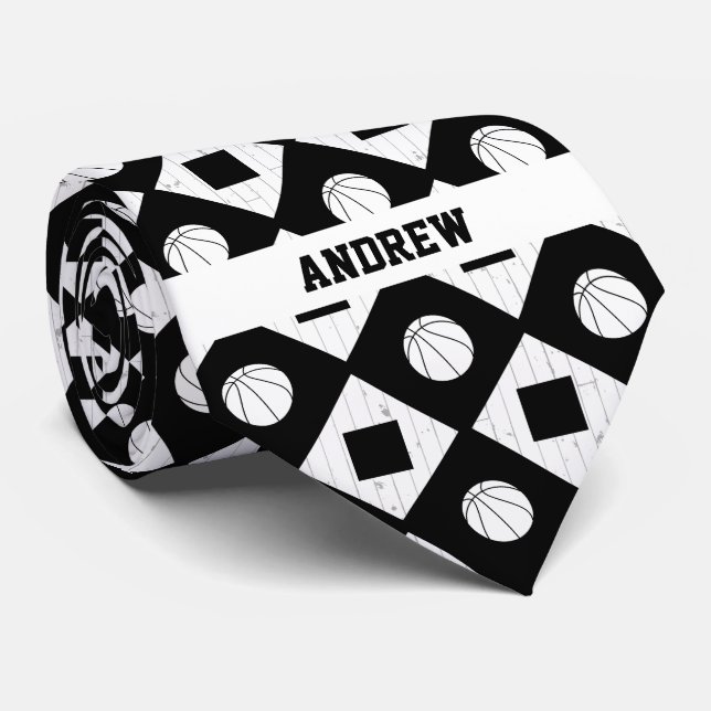 Black Basketball Wood Floor Argyle Pattern Neck Tie (Rolled)