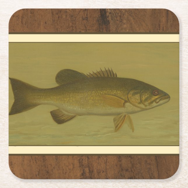 Black Bass on a Green Background Square Paper Coaster (Front)