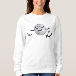 Black Bat and Moon Black and White Halloween Sweatshirt