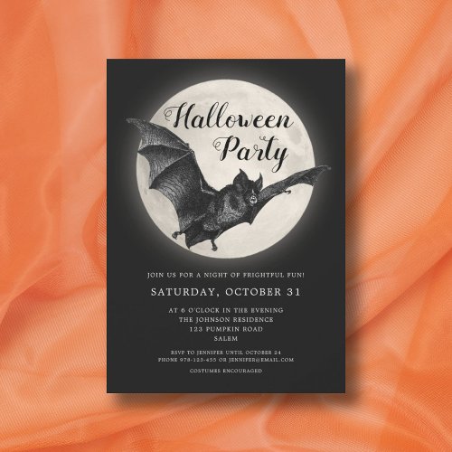 Black Bat Full Moon Halloween Party Invitation