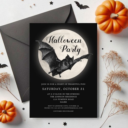 Black Bat Full Moon Halloween Party Invitation