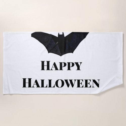 Black bat happy Halloween add name text witches  Beach Towel