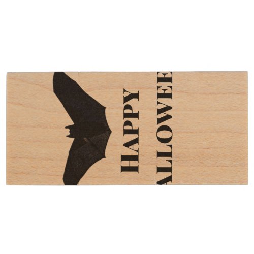 Black bat happy Halloween add name text witches  Wood Flash Drive