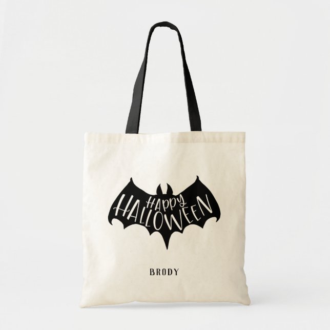 Black Bat Happy Halloween Tote Bag (Front)