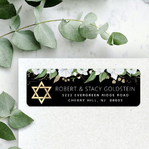Black Bat Mitzvah Chic Gold Floral Return Address Label