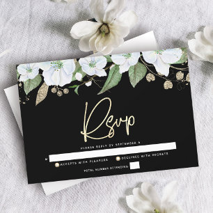Black Bat Mitzvah Gold Script Floral Watercolor RSVP Card