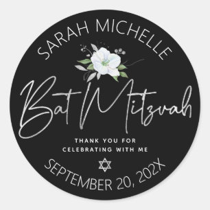 Black Bat Mitzvah Silver Script Floral Watercolor Classic Round Sticker