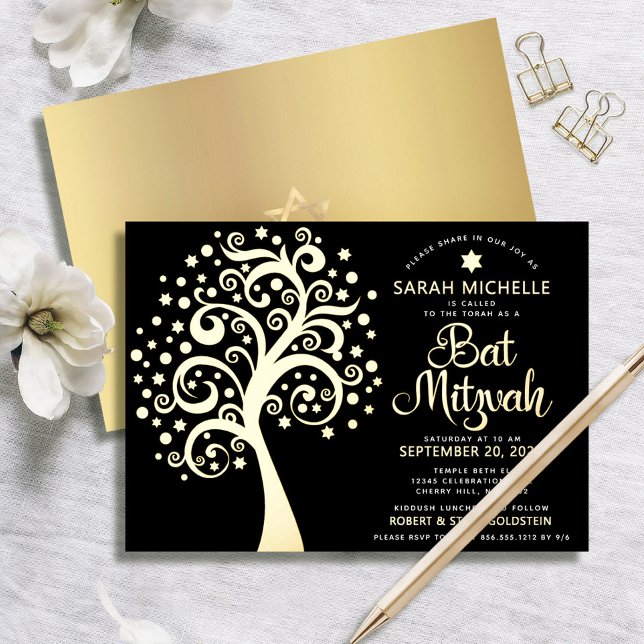 Black Bat Mitzvah Tree of Life Script Real Gold Foil Invitation (Creator Uploaded)