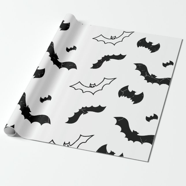 Black Bat Pattern with Distressed Texture Wrapping Paper (Unrolled)