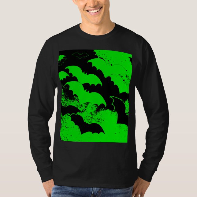 Black Bats In Flight Green T-Shirt (Front)