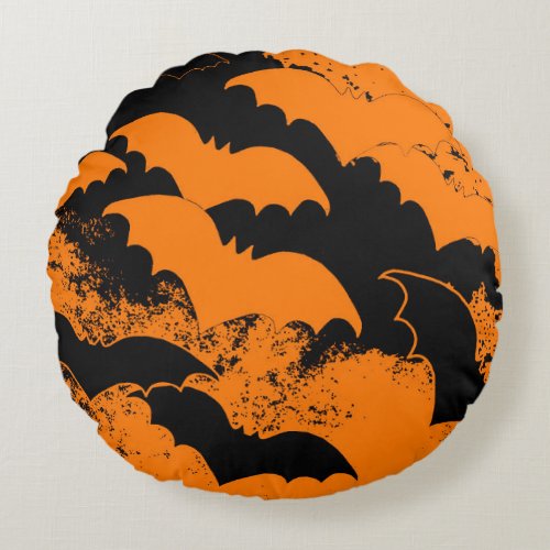 Black Bats In Flight Orange Round Pillow