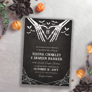 Black Bats & Skeleton Heart Goth Halloween Wedding Invitation