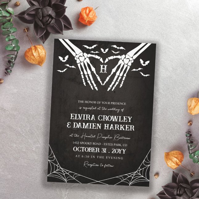 Black Bats & Skeleton Heart Goth Halloween Wedding Invitation (Creator Uploaded)