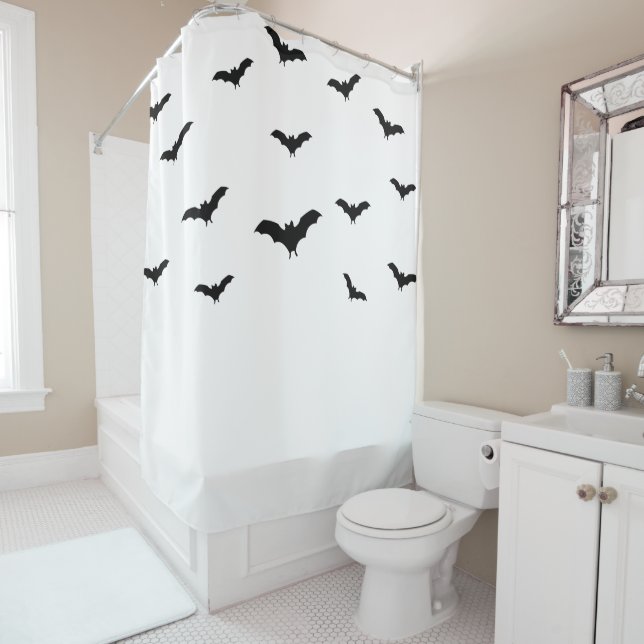 Black Bats & White Cute Halloween Chic Shower Curtain (In Situ)