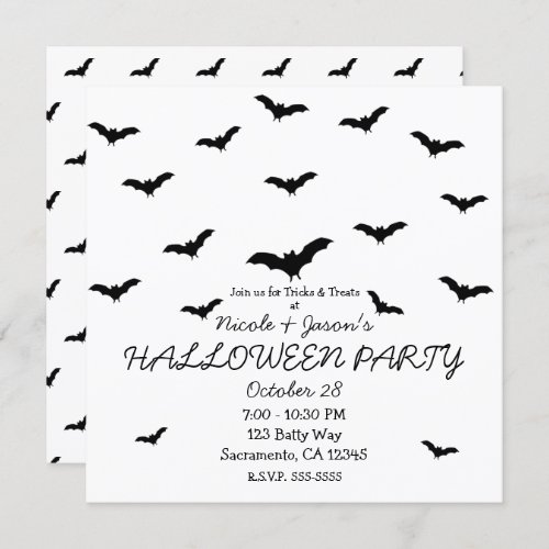 Black Bats  White Cute Halloween Party Invitation