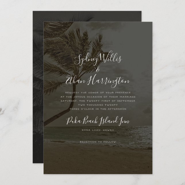 Black Beach Evening Wedding Palm Trees Invitation (Front/Back)