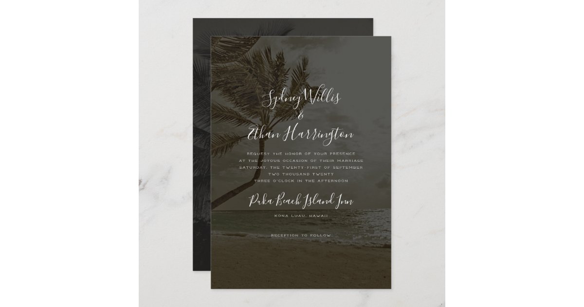 Black Beach Evening Wedding Palm Trees Invitation | Zazzle