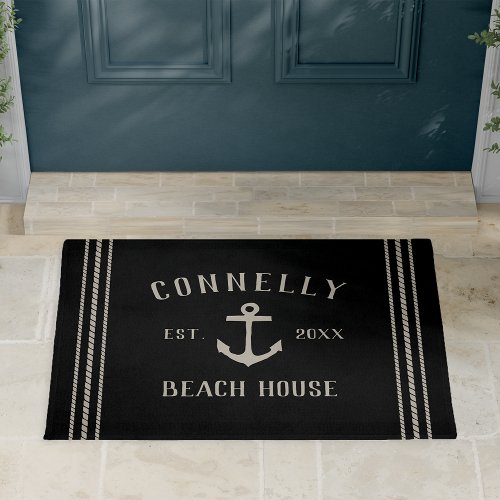 Black  Beach House Rustic Anchor Personalized Doormat