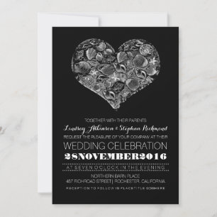 Black beach wedding invitation with seashells
